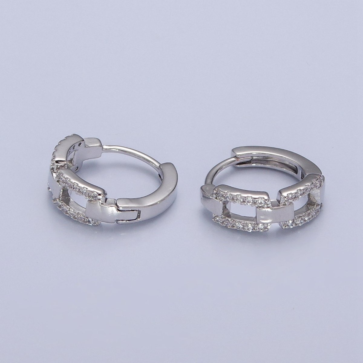 Gold Chain Huggie Hoop Earrings, Gold Chain Link Earrings Pave Chain Shape Hoop Earring T-398 V-130