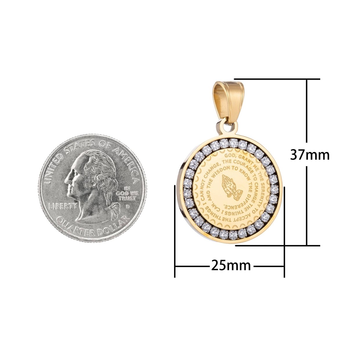 Gold Filled, Silver Stainless Steel Serenity Prayer Stainless Steel Charm - Lord grant me Coin Medallion Pendant with Cubic Zirconia J-479