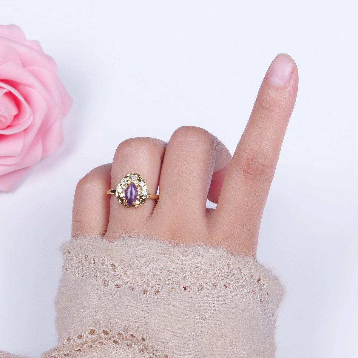 Gold Hammered Cubic Zirconia Marquise Natural Gemstone Adjustable Ring | O-020 O-021 O-022