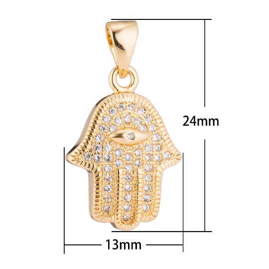 Gold Hamsa Hand, Evil Eye, Protection Amulet Wealth Health Cubic Zirconia Necklace Pendant Charm Bead Bails Findings for Jewelry Making H-196