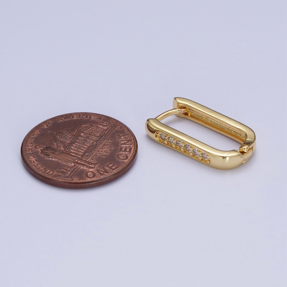 Gold Oblong U Shaped Micro Paved CZ Huggie Hoop Earrings | AD-154