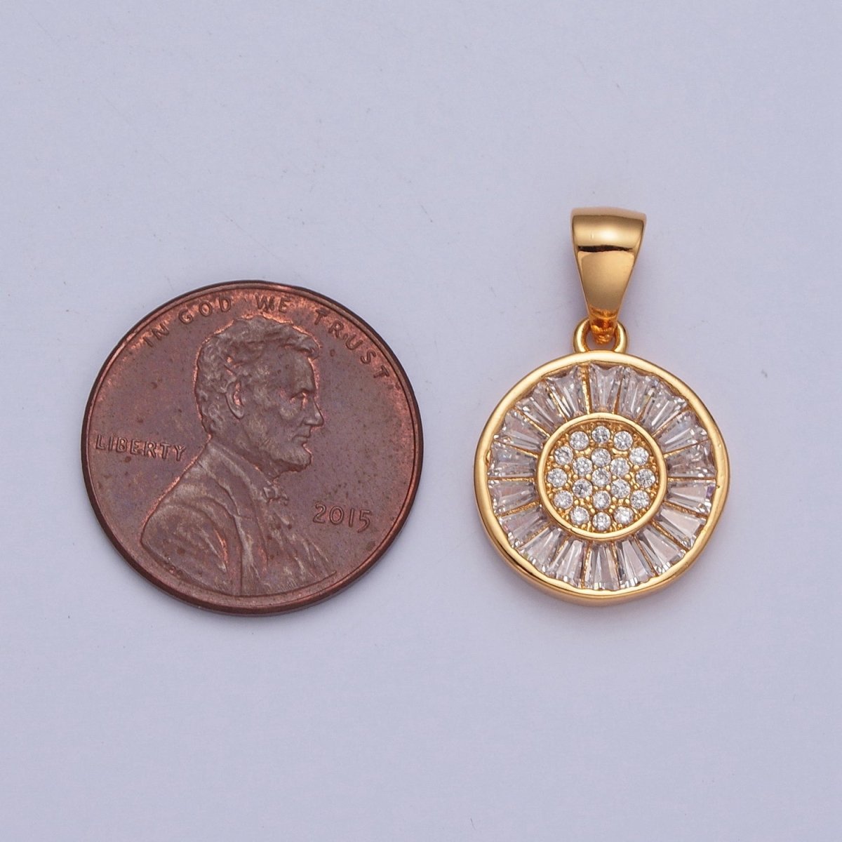 Gold Round Sunflower Sun Baguette CZ Pendant For Necklace Making X-377