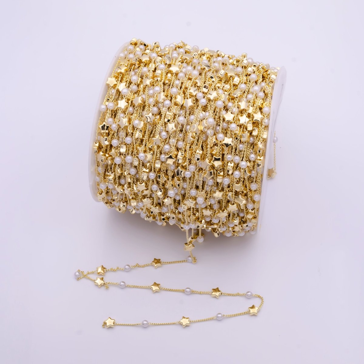 Gold Satellite Pearl & Celestial Star Bead Chain Wholesale by Yard For DIY Jewelry Making Component | ROLL-826 Clearance Pricing