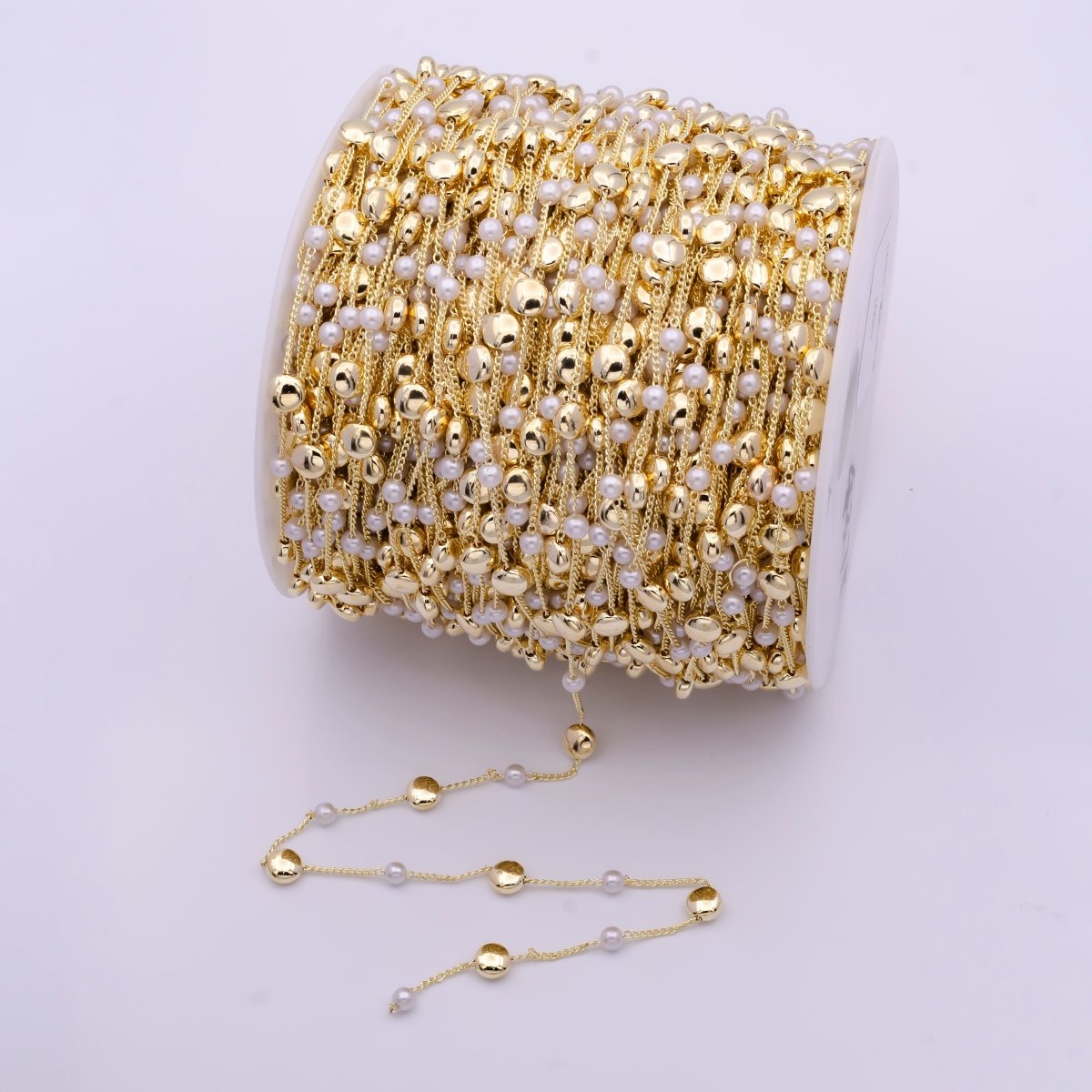 Gold Satellite Pearl & Round Circle Bead Chain Wholesale by Yard For DIY Jewelry Making Component | ROLL-825 Clearance Pricing
