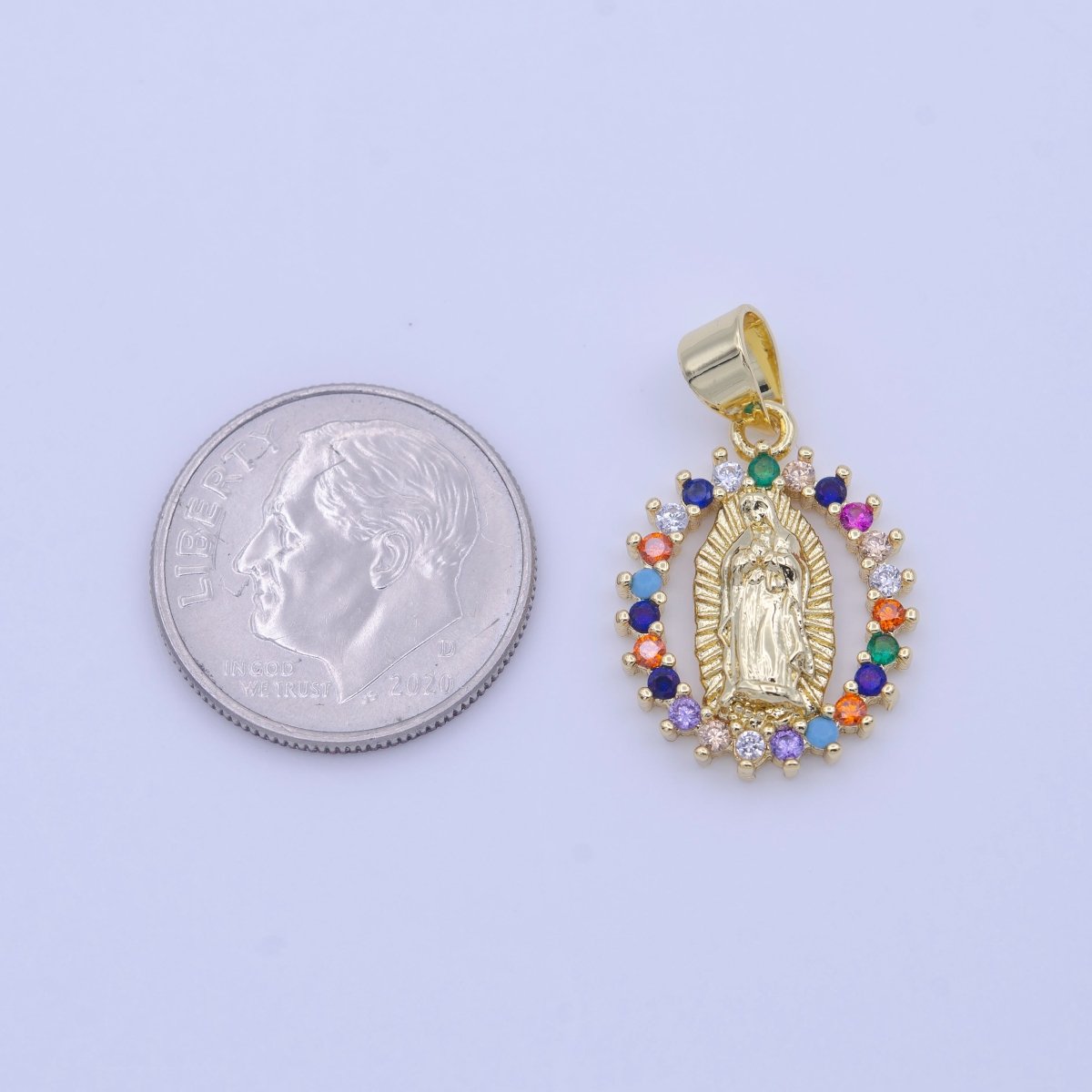 Gold Virgin Mary Lady Guadalupe Open Opal Multicolor CZ Religious Pendant H-251