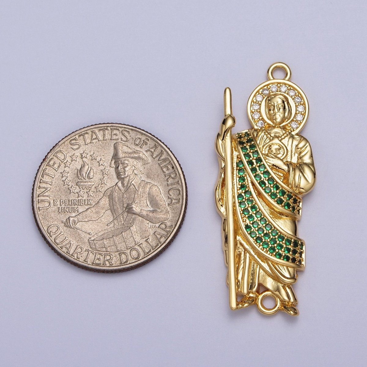 Green Micro Paved CZ Saint Jude Religious San Judas Tadeo Cadena Charm Connector for Bracelet | Y-674