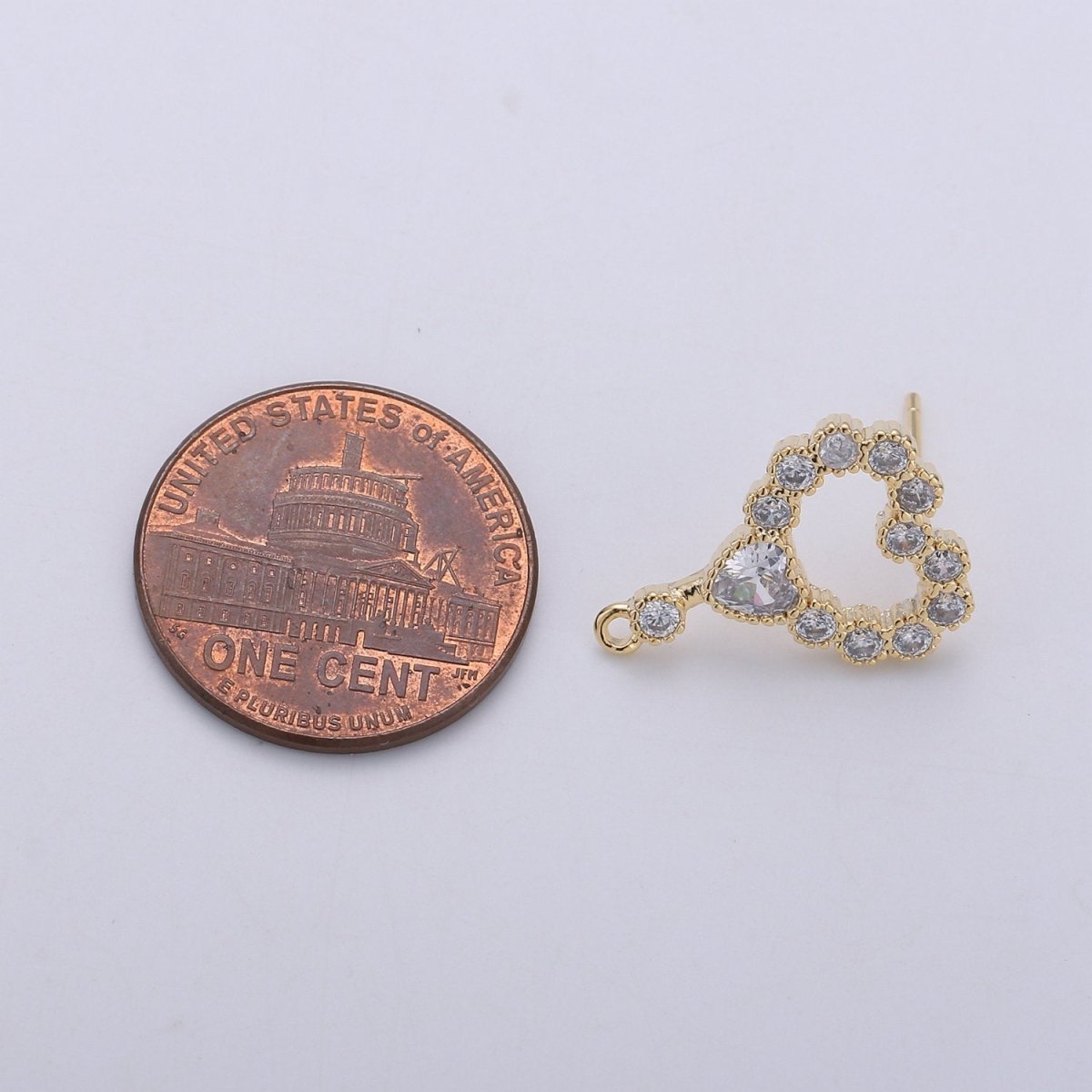 Heart Stud Earring Charm • 24k Gold Filled• Micro Pave Heart • Jewelry Making Supplies • Open Ring Attached for Jewelry Making Supply, K-402