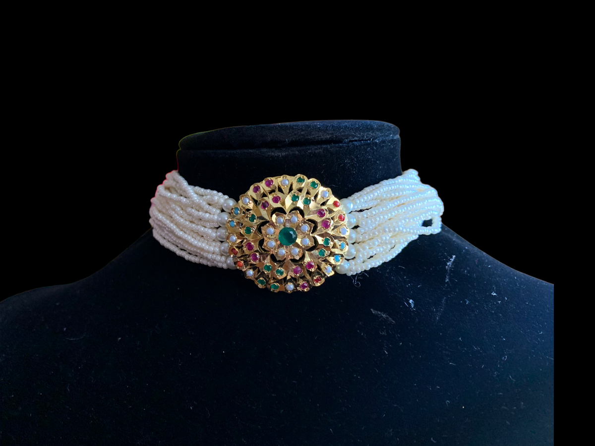 C190 Gold plated choker set in Navratan ( READY TO SHIP )
