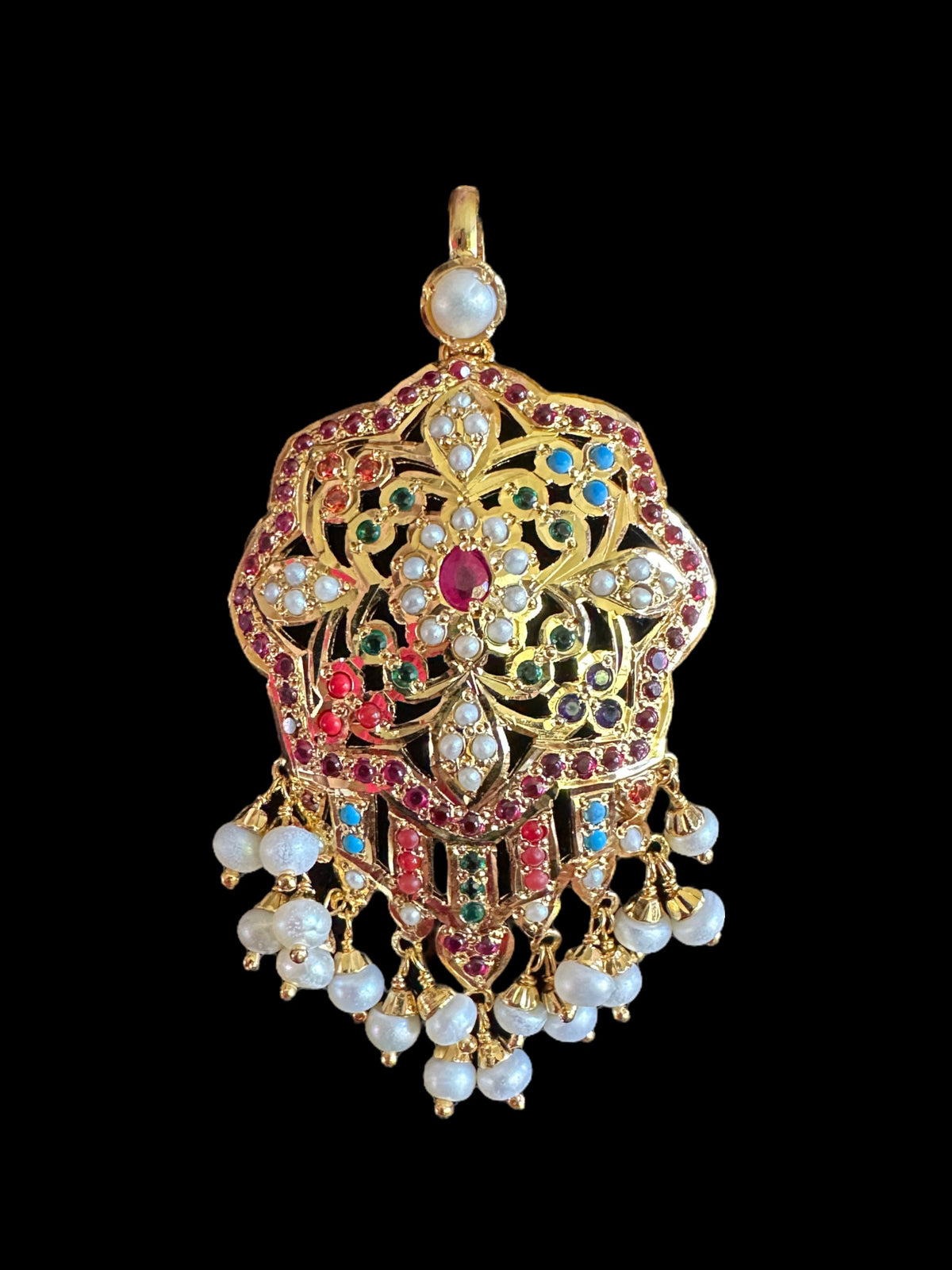 Navratan with Fresh water pearl gold plated silver pendant set ( SHIPS IN 5 WEEKS )
