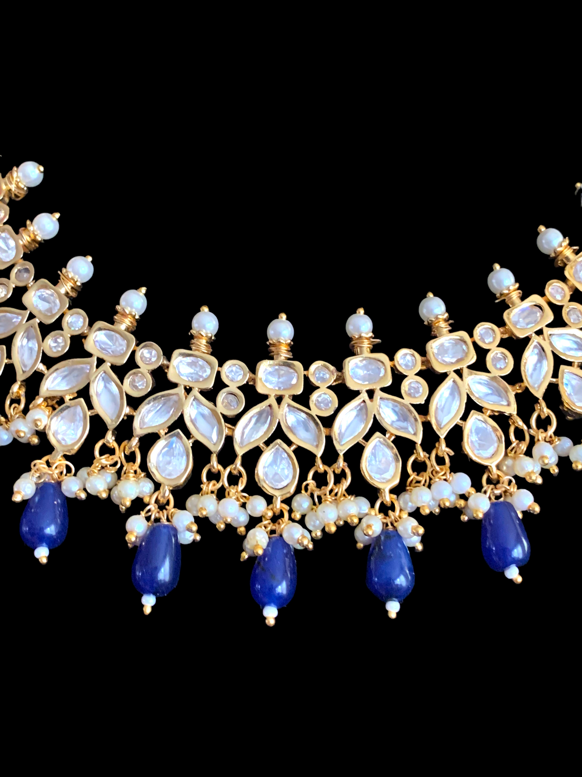 NS355 high quality polki necklace in pearls and blue beads ( READY TO SHIP)