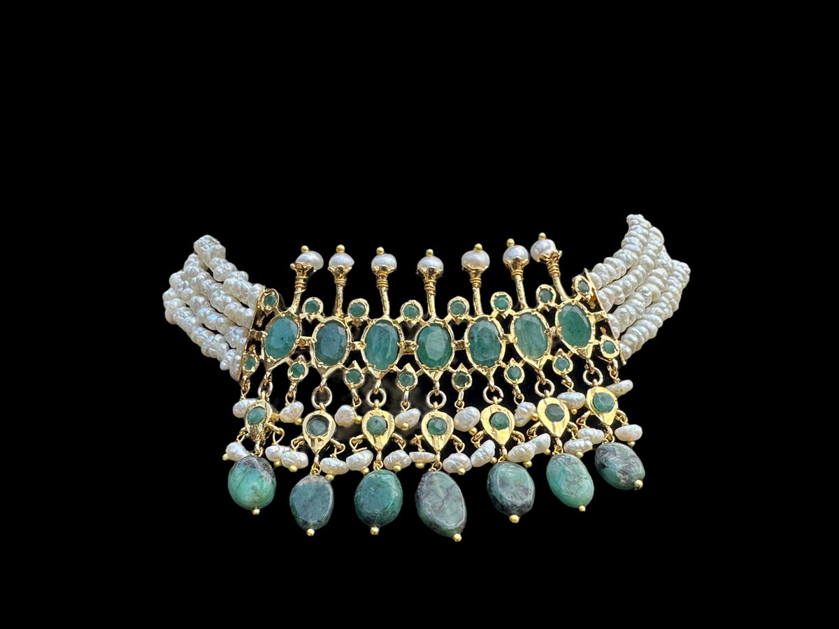 C242 Tirmani in choker style with jhumka in fresh water pearls and emerald (SHIPS IN 4 WEEKS)