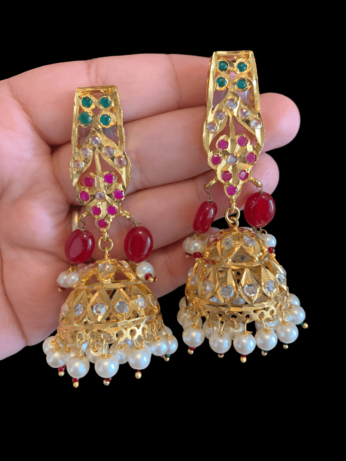 DER116 rooha jhumkas in ruby emerald / red green ( READY TO SHIP)