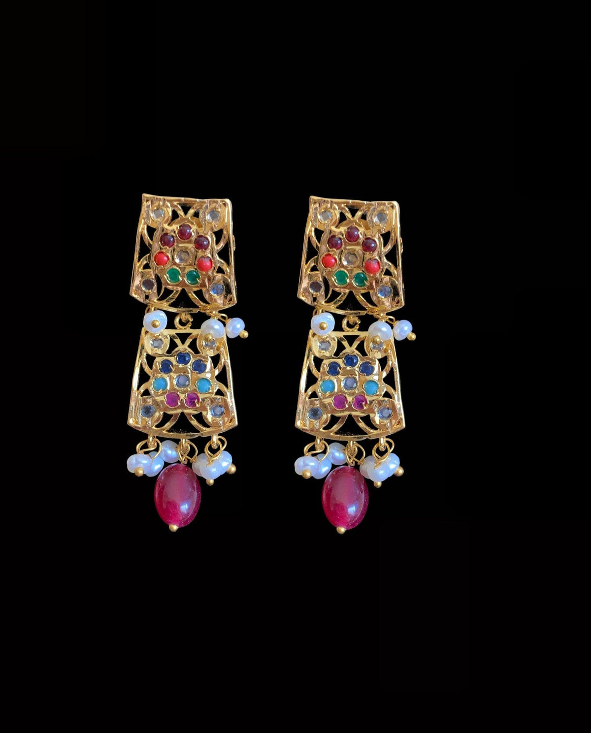 NS139 Badia navratan with fresh water pearls necklace set (READY TO SHIP )