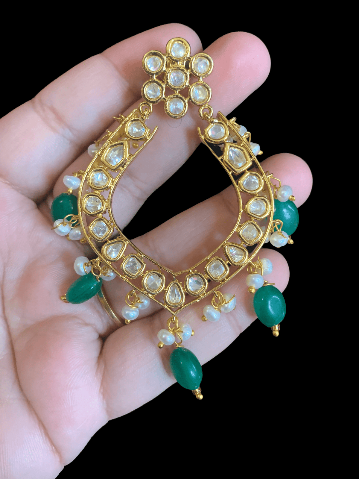 DER110 Elara polki earrings in fresh water pearls- green ( READY TO SHIP )