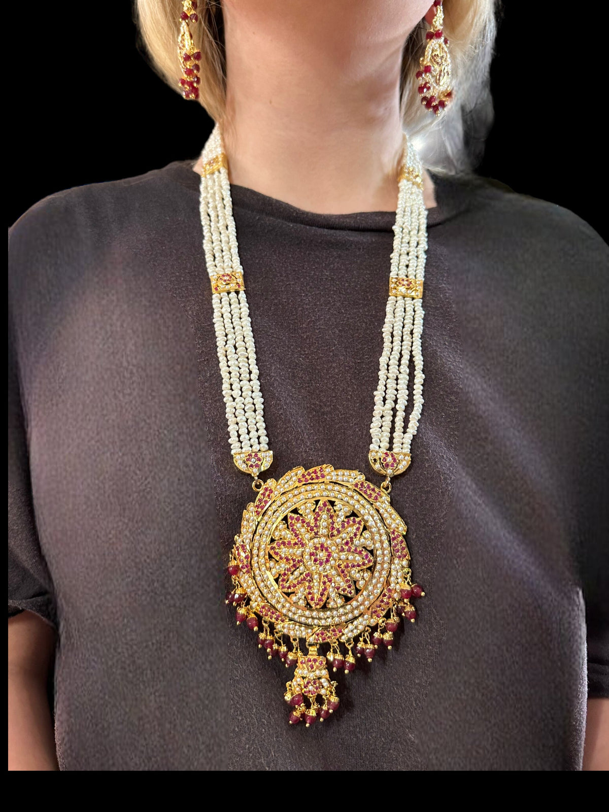 DLN13 jadau rani haar in ruby with fresh water pearls ( READY TO SHIP)