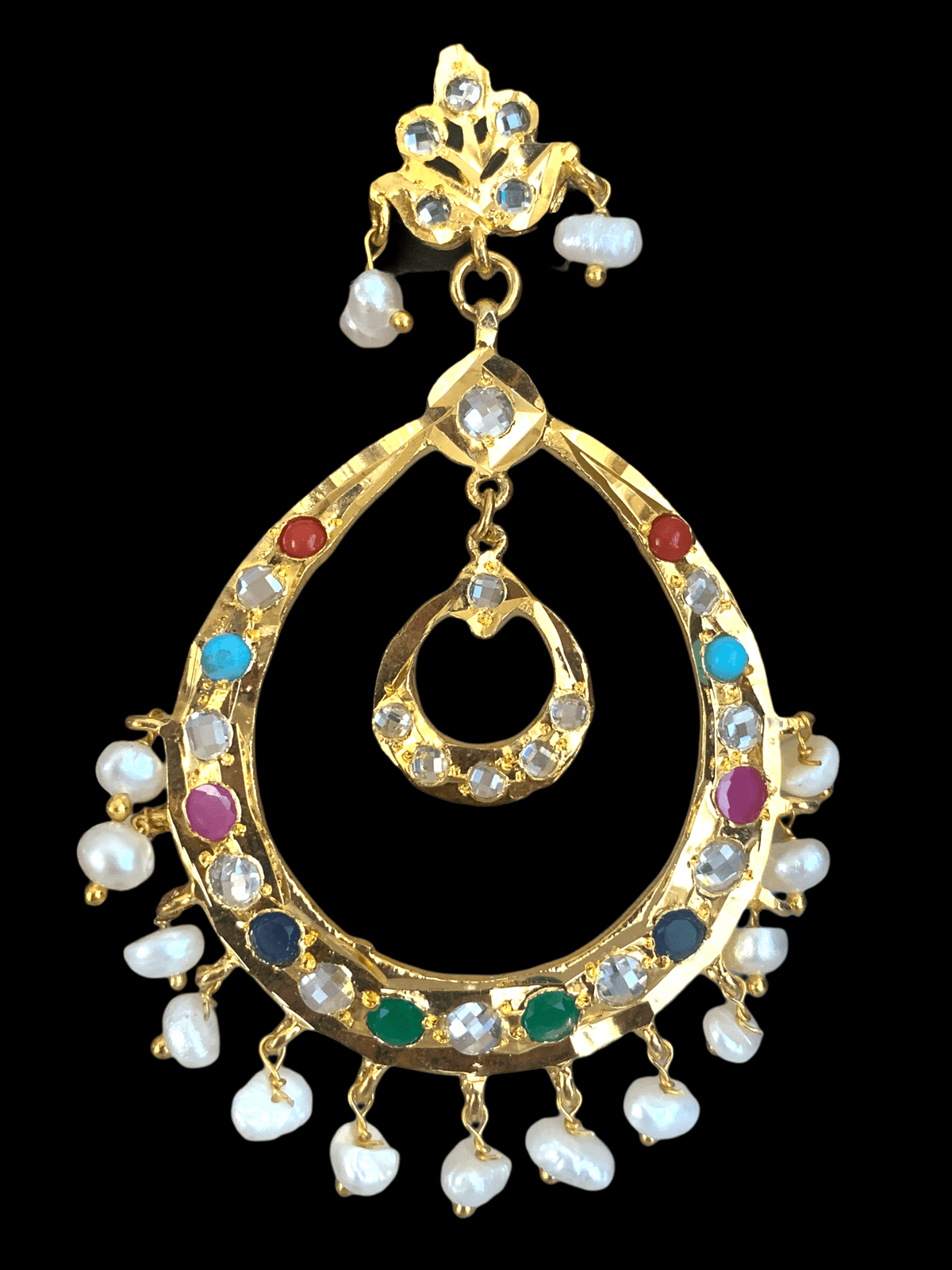 DER321 Navratan Chandbali in real pearls ( READY TO SHIP )