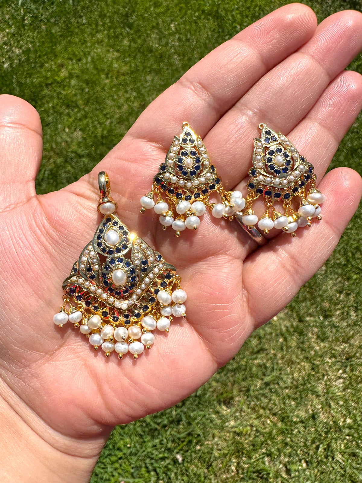 Sapphire with Fresh water pearl gold plated silver pendant set ( SHIPS IN 5 WEEKS )