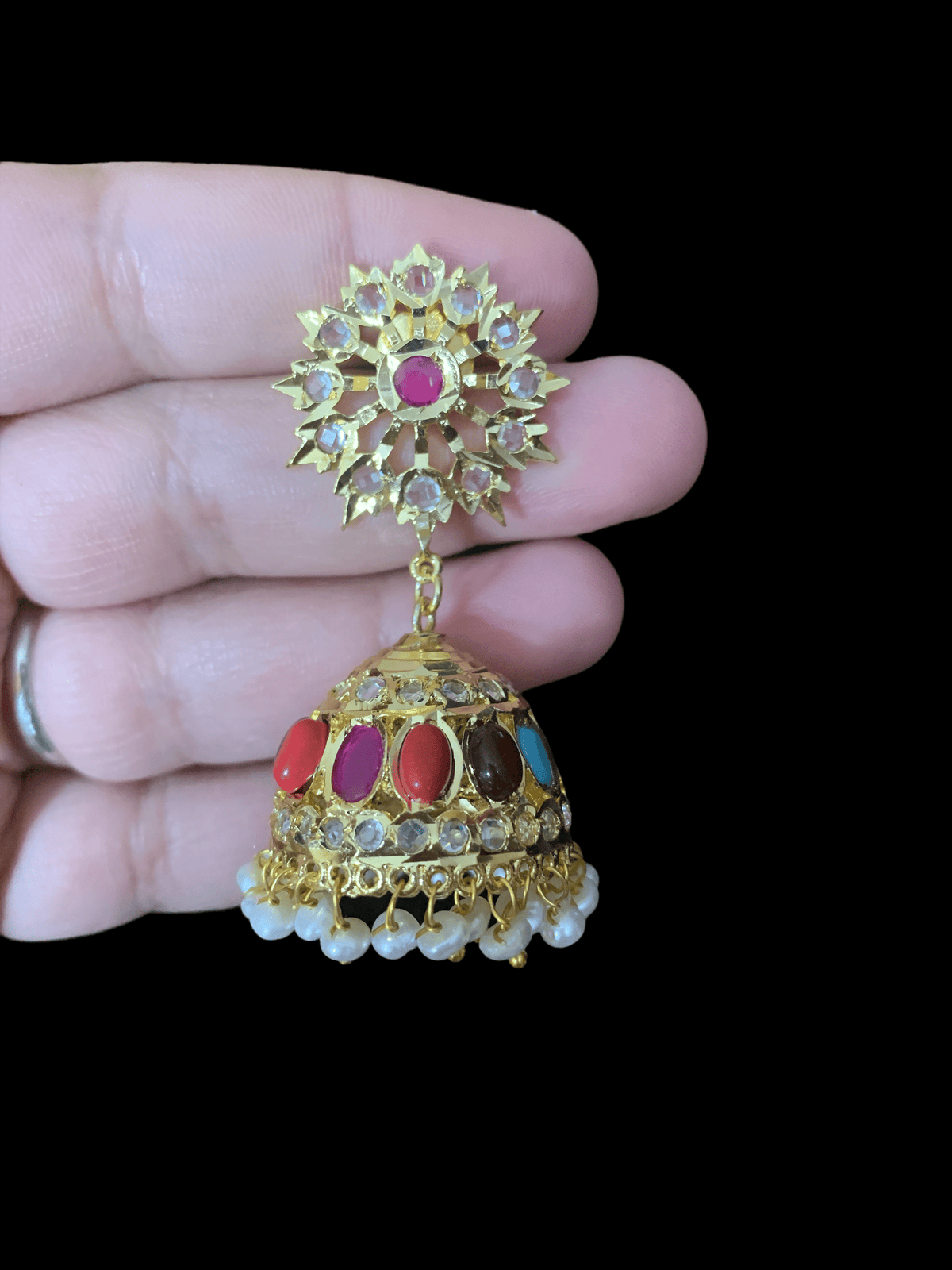 Hyderabadi fresh water pearl jhumka -navratan ( READY TO SHIP )