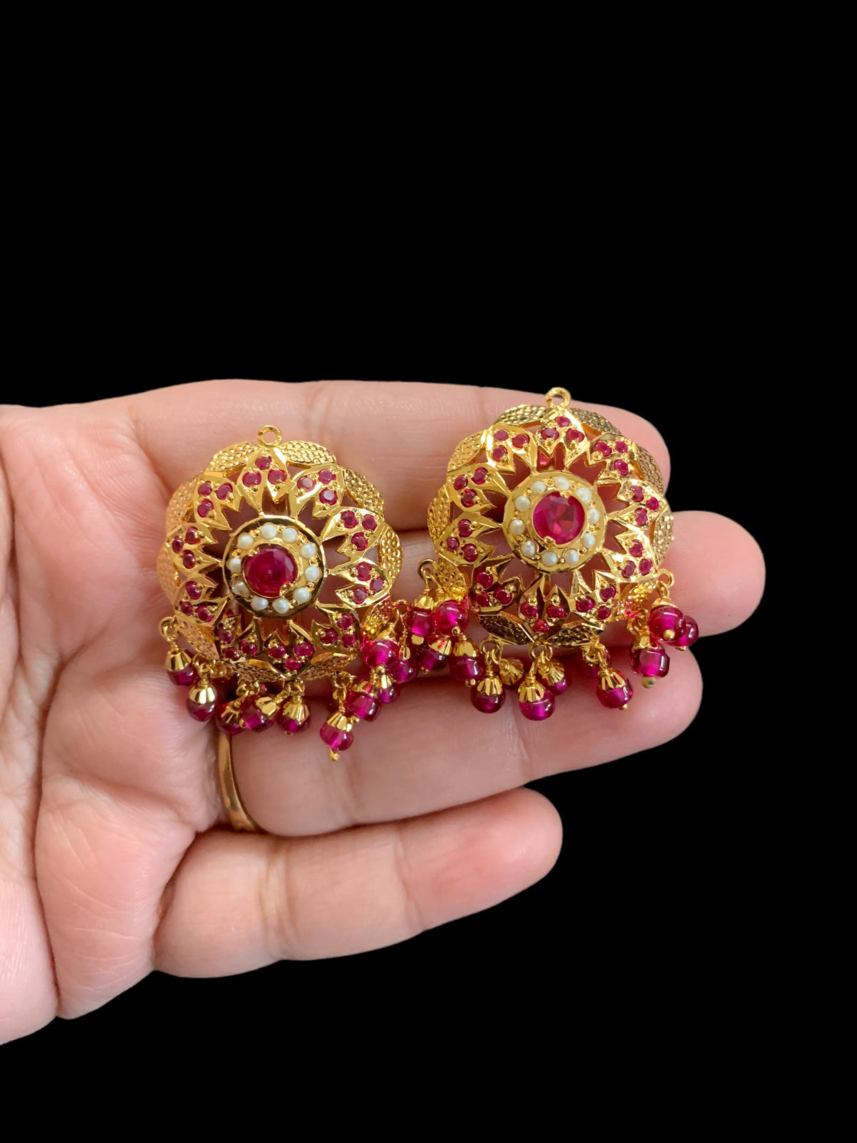 Ruby pearl gold plated silver earrings ( SHIPS IN 5 WEEKS)