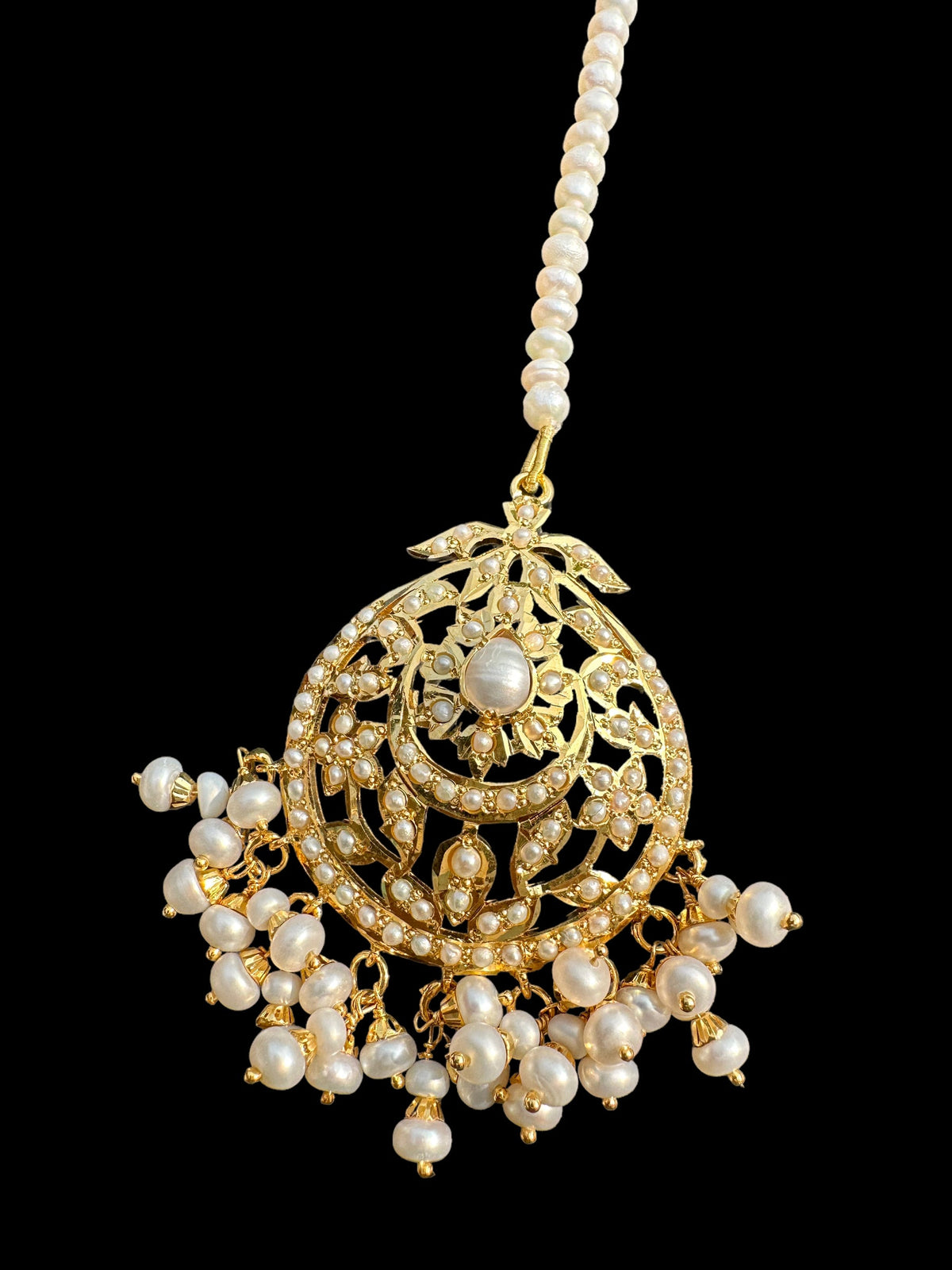 Gold plated silver tikka in fresh water pearls ( SHIPS IN 4 WEEKS )