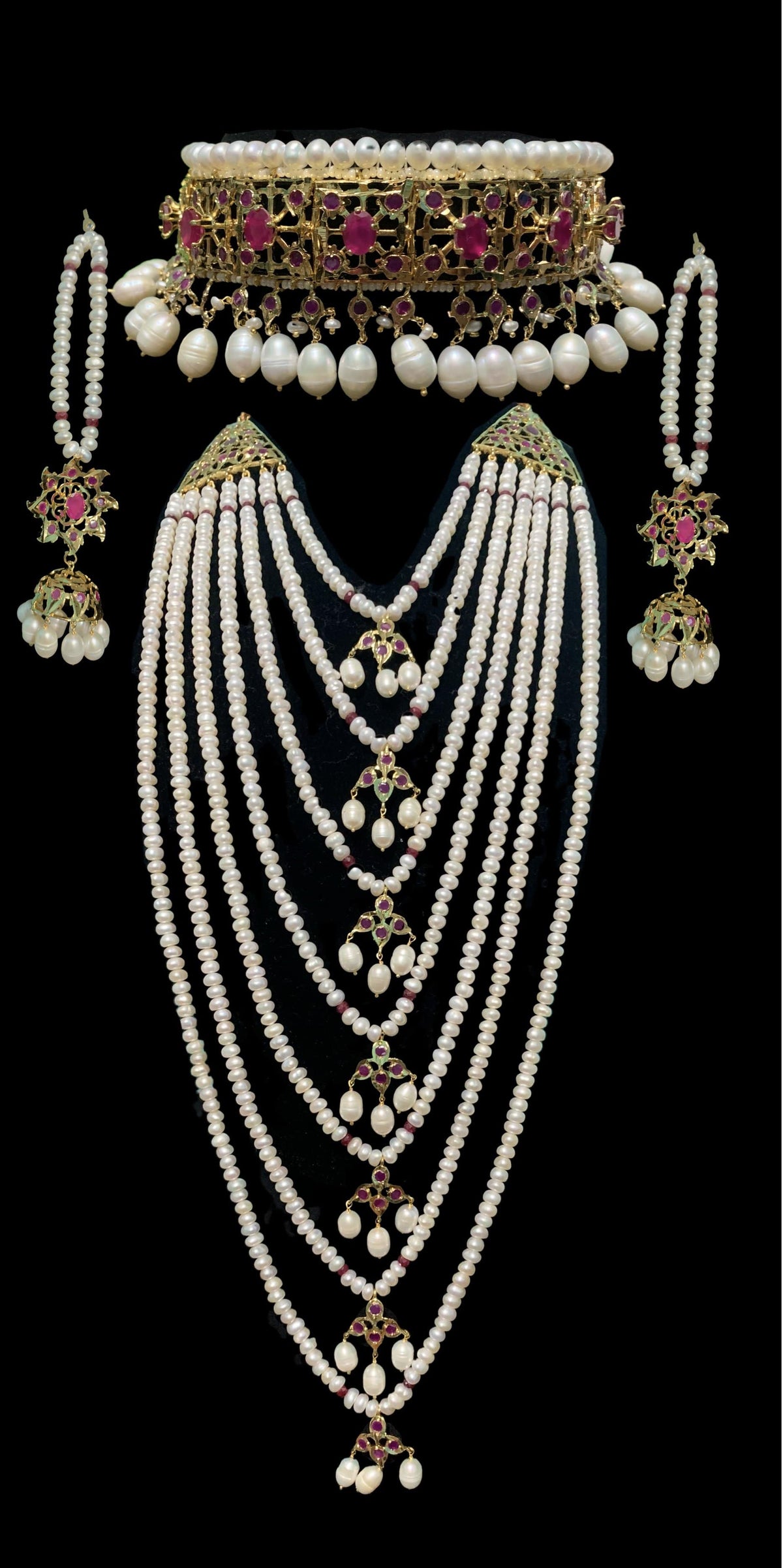 BR7 Insia bridal jadavi lacha satlada set in ruby with fresh water pearls , SHIPS IN 5 WEEKS