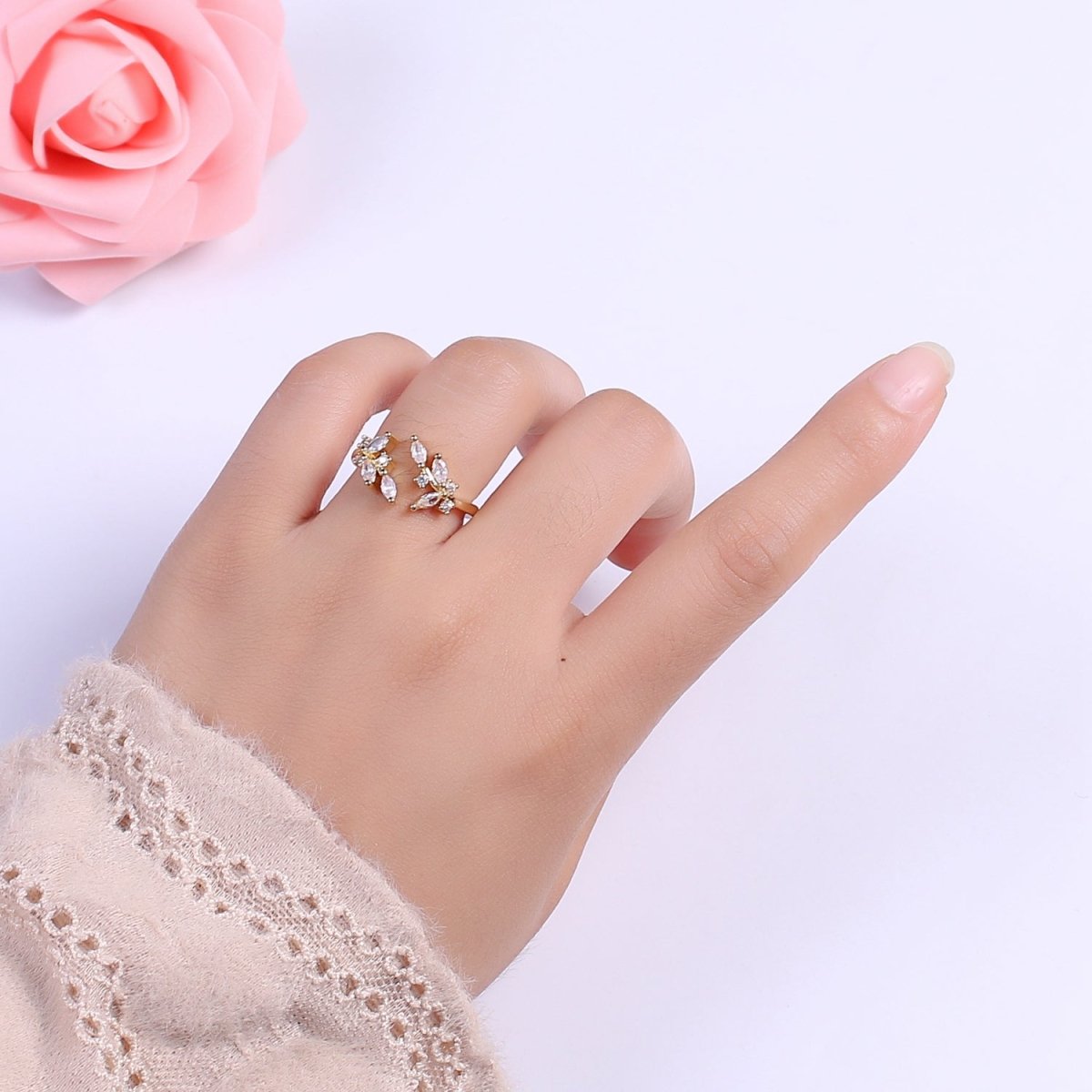 Leaf Green Gold Emerald Style Ring with Cubic Zirconia Nature Ring Dainty Green CZ Adjustable Ring U-028 S-503