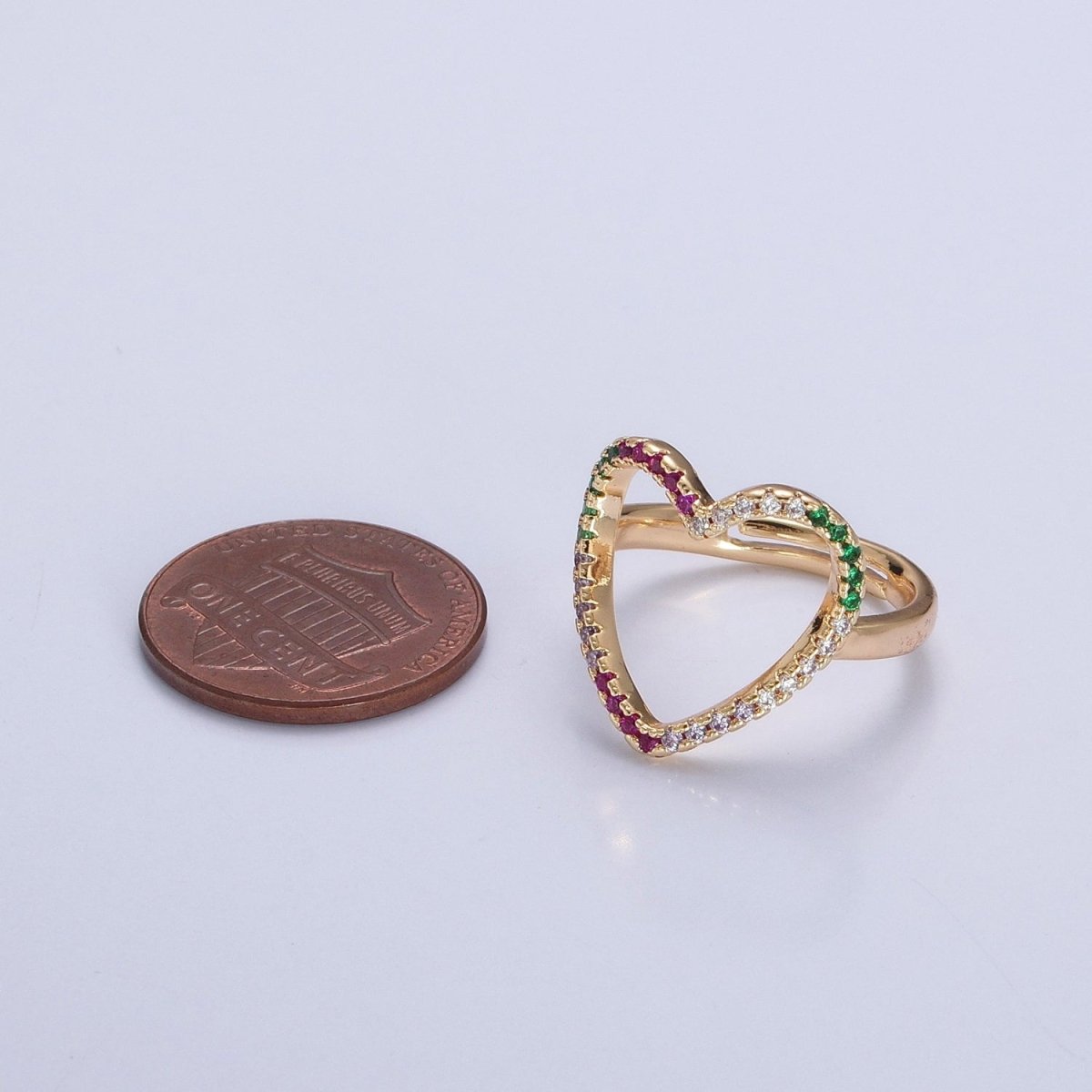 Micro Pave Clear Fuchsia Green Cubic Zirconia Heart Adjustable Gold Ring | O-479