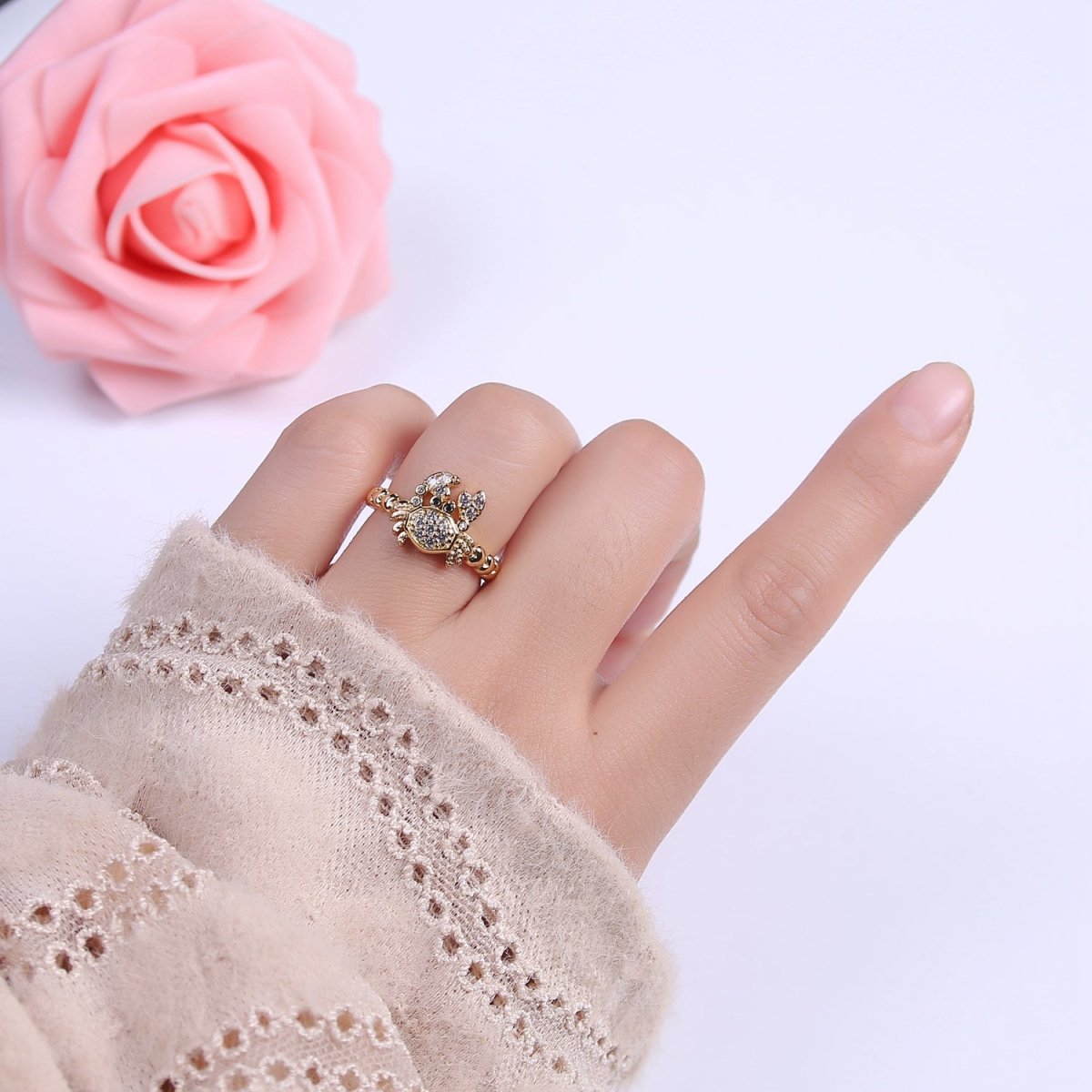 Micro Pave Cute Crab Ring, Heart Textured Gold Adjustable Band Ring, 24K Gold Filled Nature Ocean Wildlife Under The Sea Ring U-440