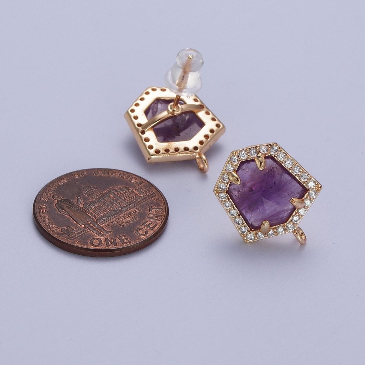 Micro Paved CZ Blue Lapiz, Purple Amethyst, Abalone Open Loop Stud Hexagon Geometric Earrings K-143 K-153 K-154