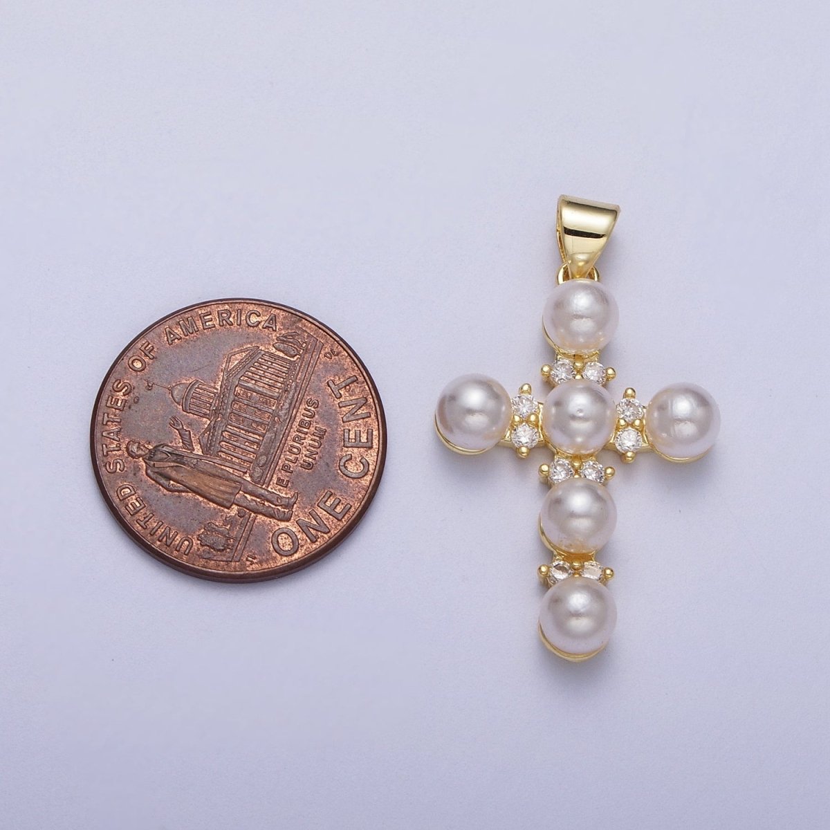 Micro Paved CZ Round White Pearl Religious Cross Gold Pendant I-275