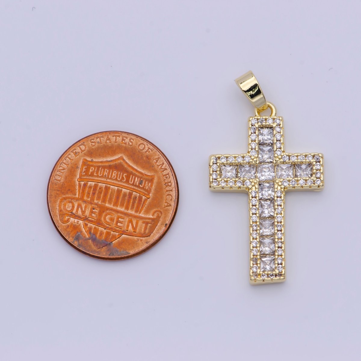 Micro Paved Square Cubic Zirconia Gold Religious Cross Pendant | X-497