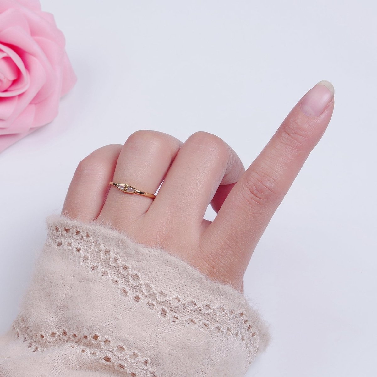 Minimalist Geometric Bar Triangle Clear Cubic Zirconia CZ Adjustable Gold Ring | U-146