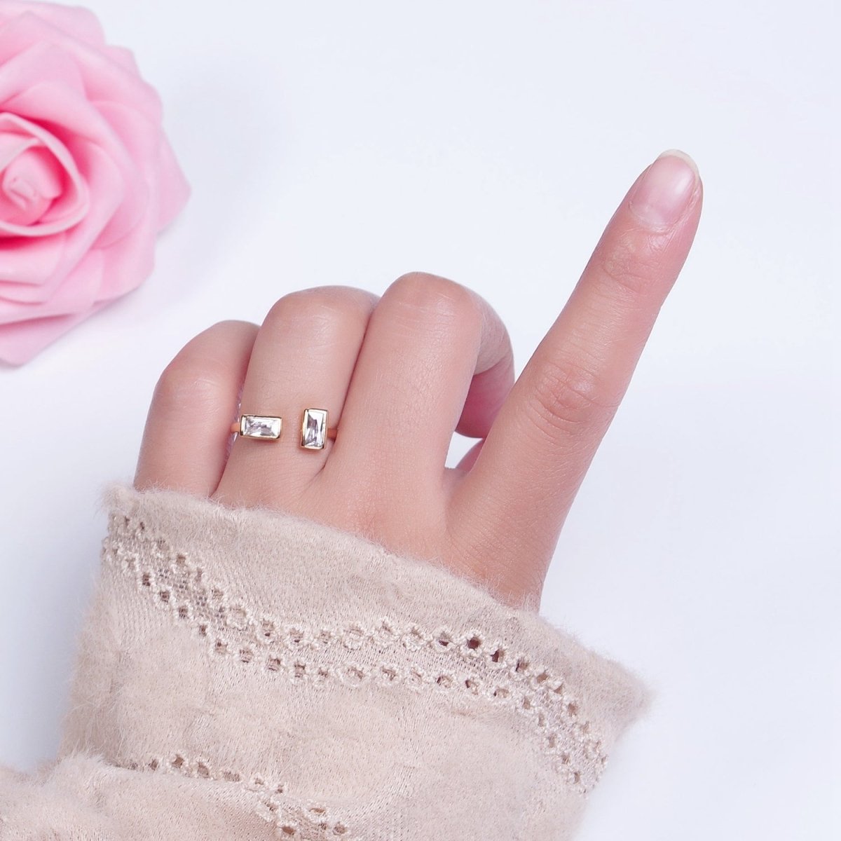 Minimalist Gold Baguette Cubic Zirconia Adjustable Ring U-131