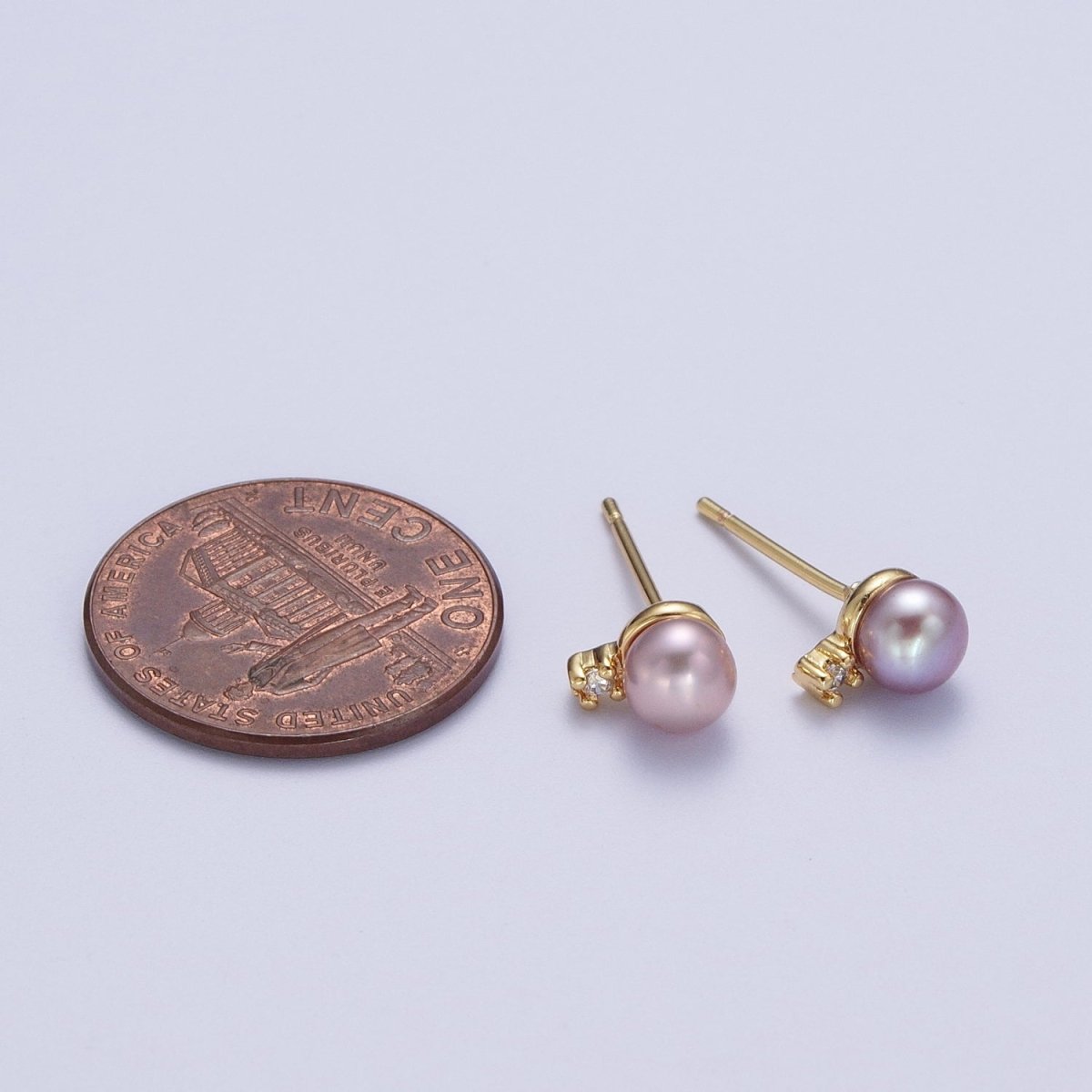 Minimalist Round Purple Shell Pearl Cubic Zirconia Gold Stud Earrings, Gift For Her | AD-040
