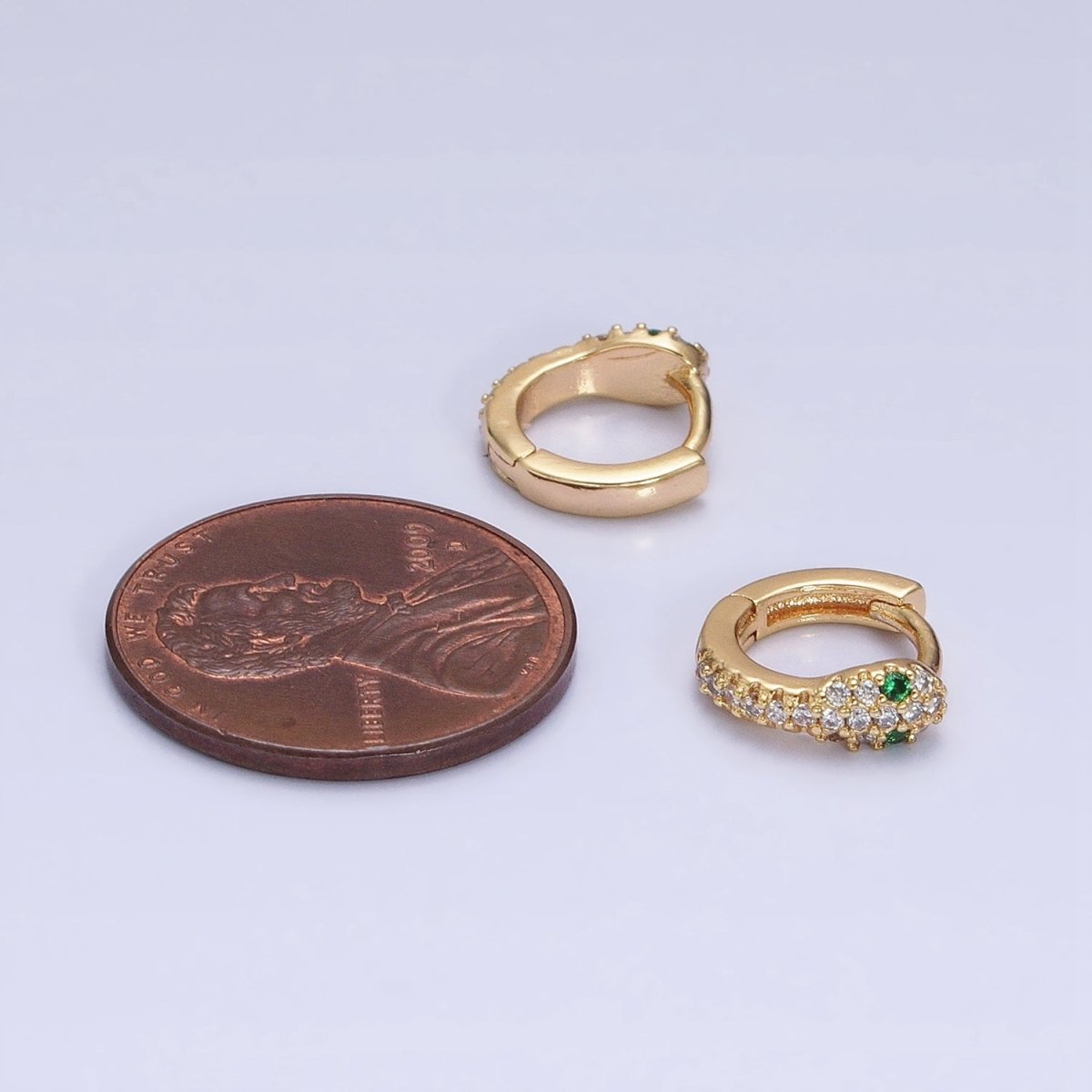 16K Gold Filled 10mm Green-Eyed CZ Snake Serpent Micro Paved Cartilage Huggie Earrings | AD1298