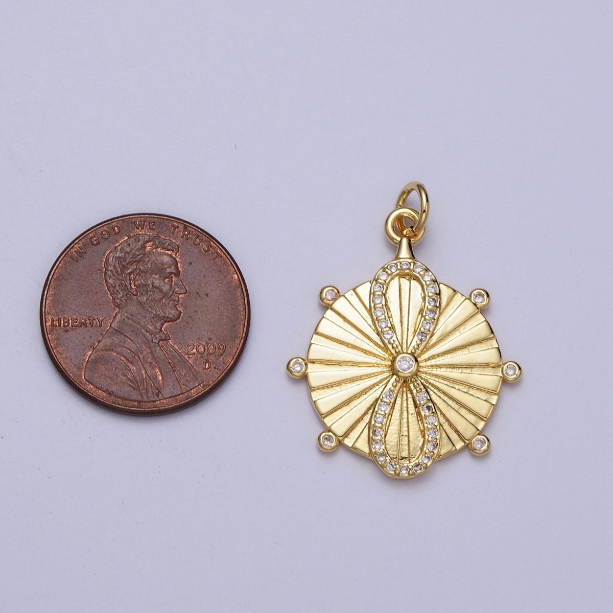 24K Gold Filled Micro Paved CZ Infinite Sunburst Round Medallion Charm | E444