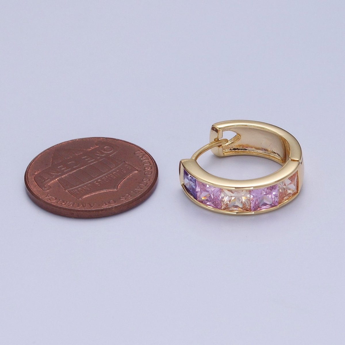 Pastel, Neon, Clear, Checkered Square CZ Lined Wide 16mm Gold Huggie Hoops Earrings | P-369~P-372