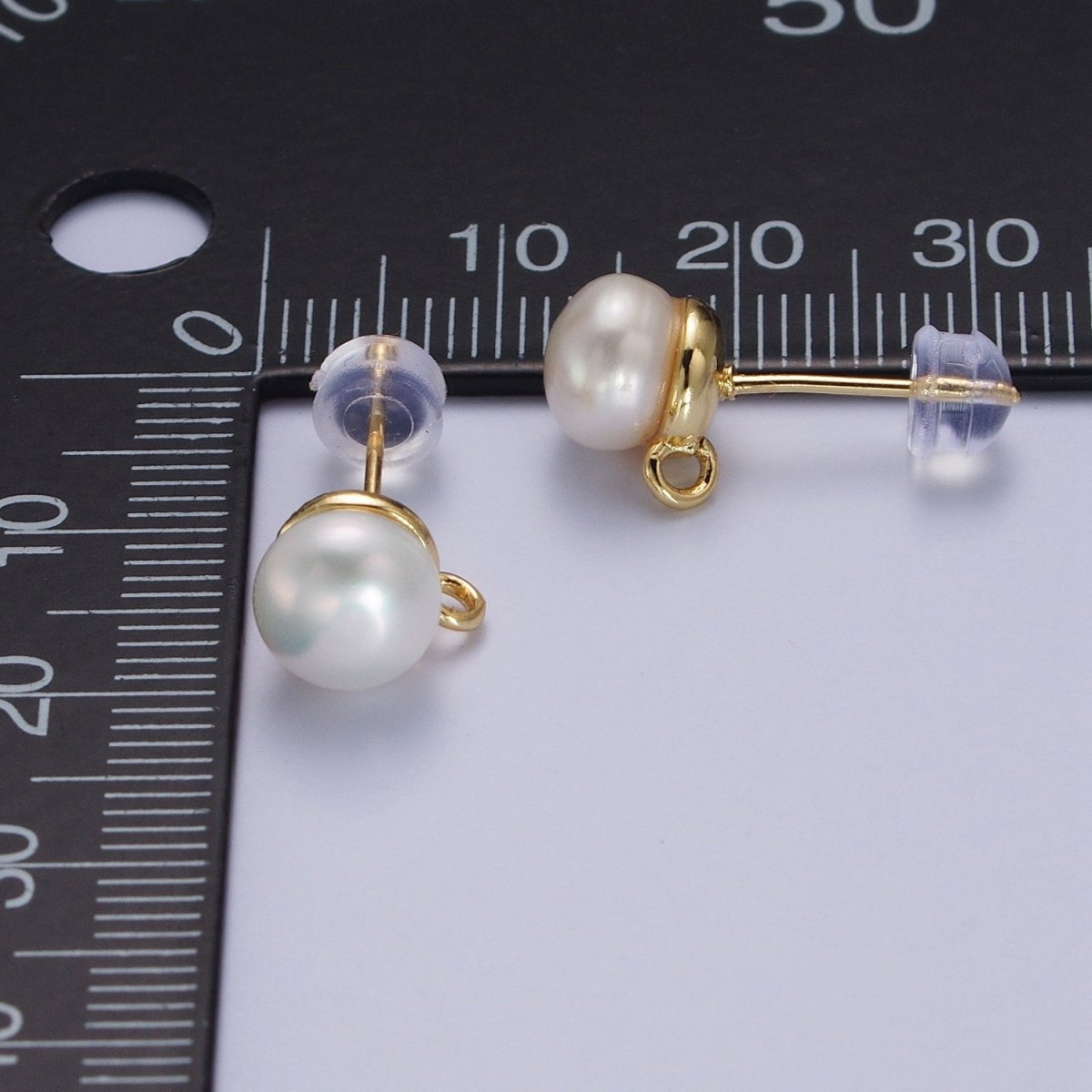 Round White Shell Pearl Gold Stud With Loop Earrings Supply Open Link Stud For Jewelry Making | K-063