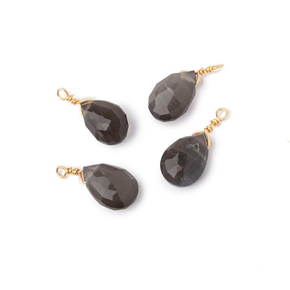 Set of 4 Vermeil Wire Wrapped 9x6mm Gray Moonstone Faceted Pear Focals