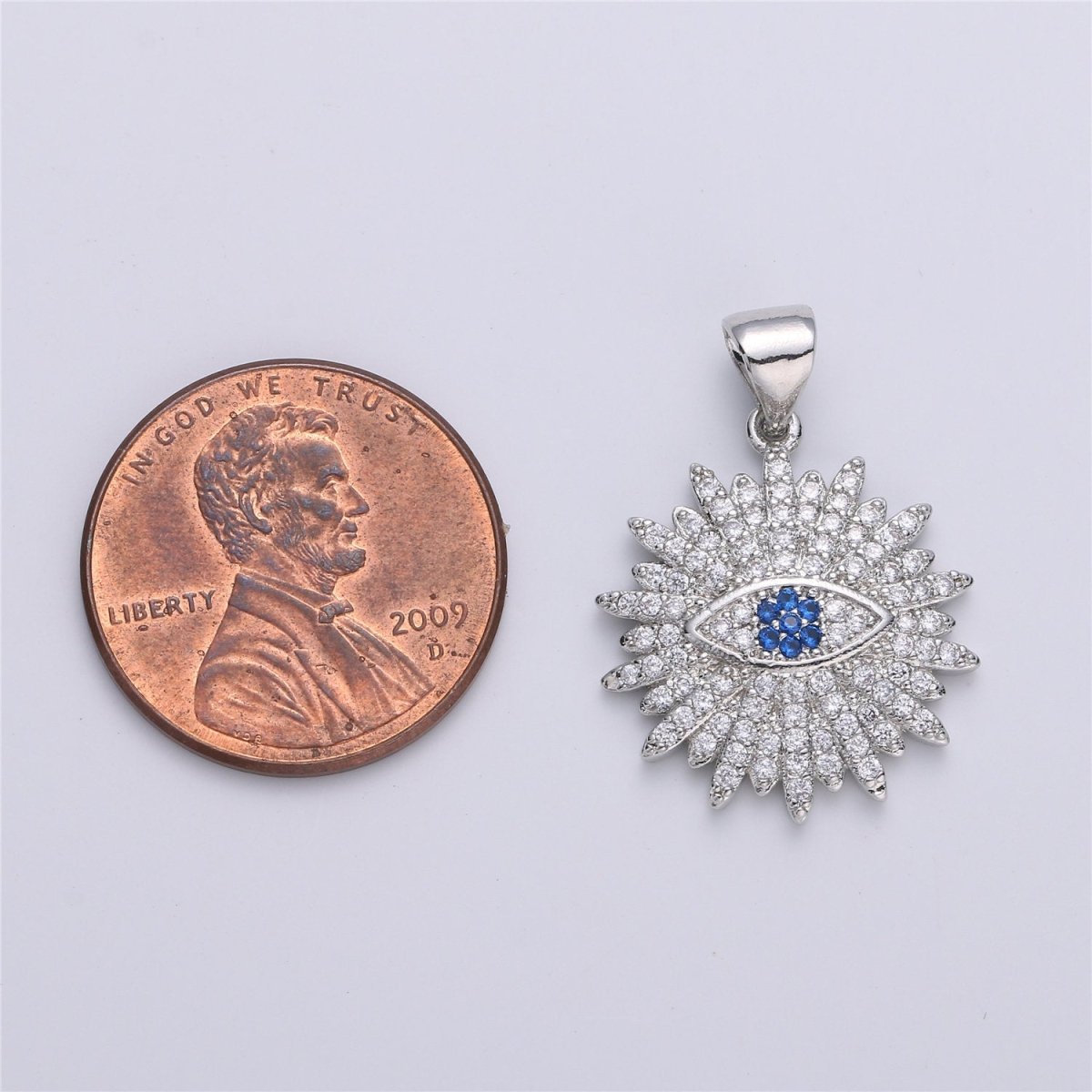 Silver Evil Eye Charm Round Disc Evil Eye Pendant, Cubic Medallion Coin Charm, Religious Charm, Micro Pave Sunburst Charm talisman Jewelry I-605