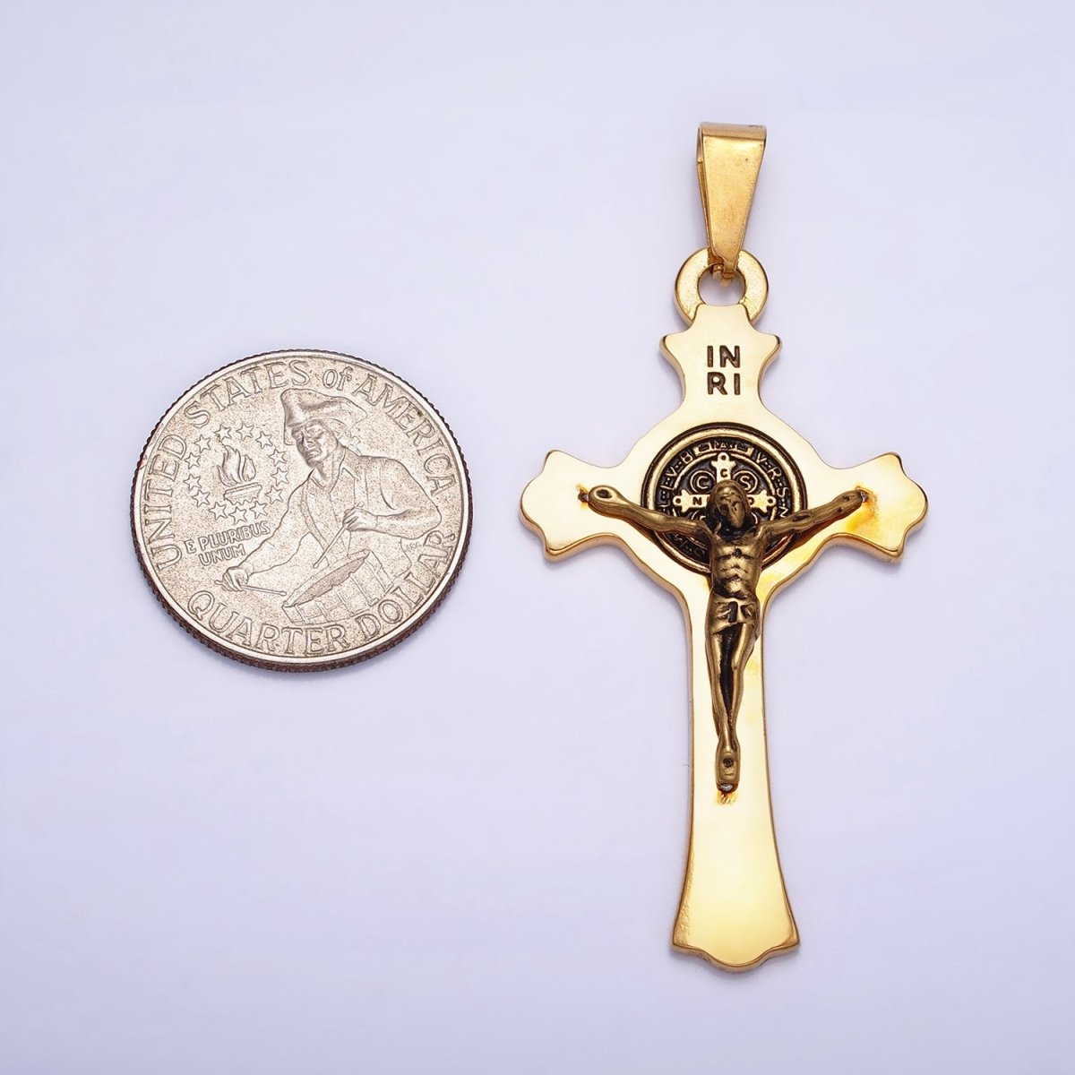 Stainless Steel Crucifix Cross SMQLIVB PAX VRSNSMV Saint Benedict Engraved Double Sided Pendant in Gold & Silver | P-1163