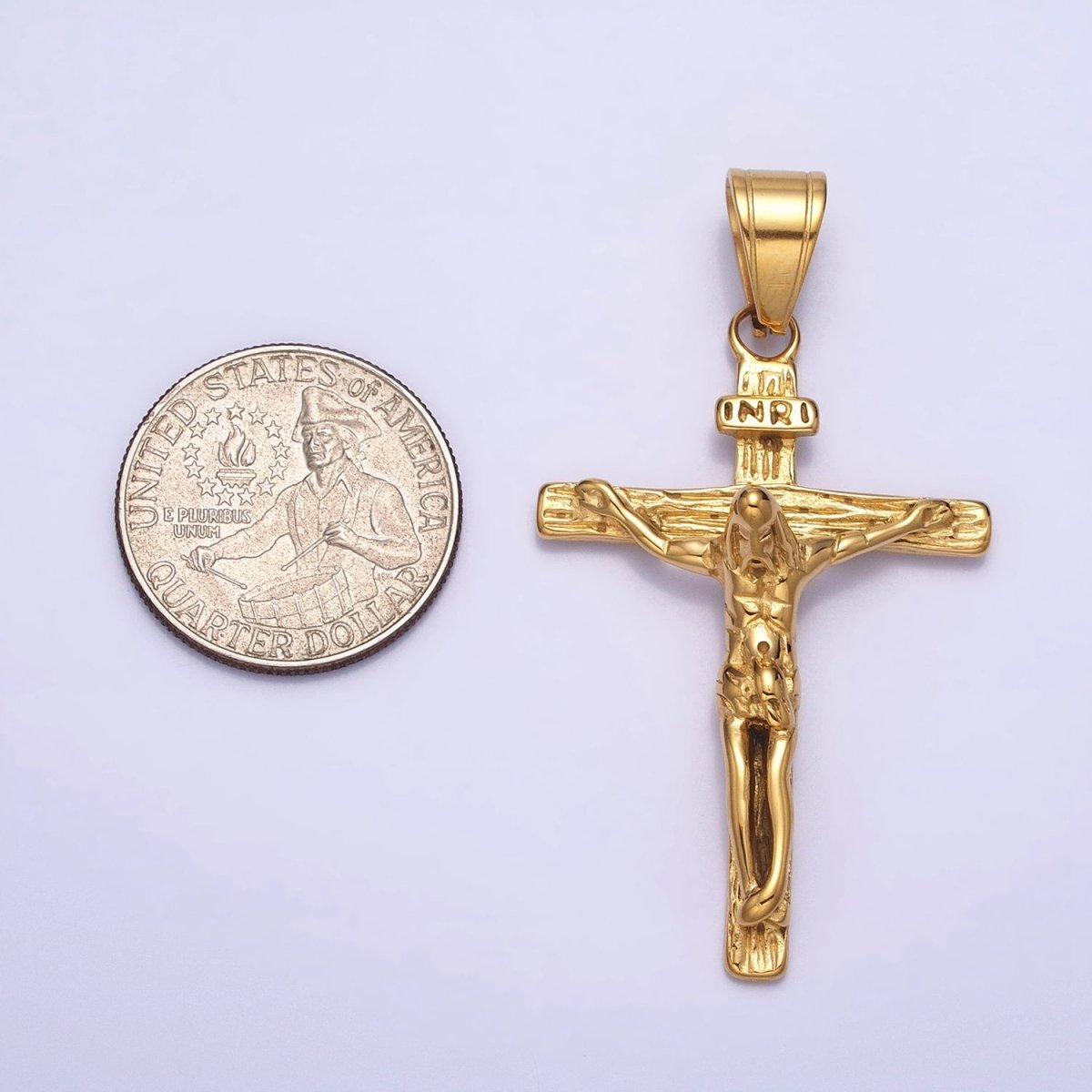 Stainless Steel INRI Jesus Crucifix Wood-Textured Religious Cross Pendant in Gold & Silver | P-1112