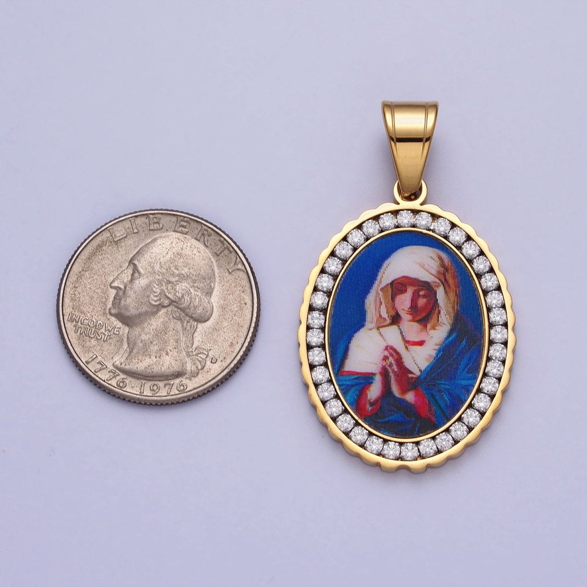 Stainless Steel Praying Lady Mary Blue Micro Paved CZ Oval Pendant in Gold & Silver Religious Jewelry J-780 J-781