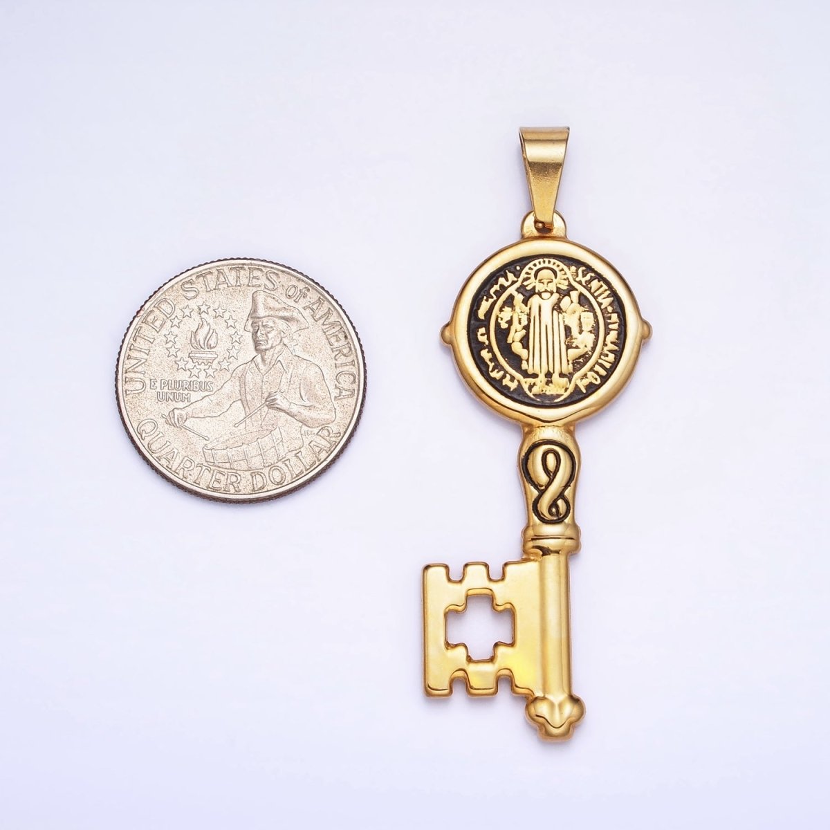 Stainless Steel SMQLIVB PAX VRSNSMV Saint Benedict Double Sided Engraved Key Pendant in Gold & Silver | P-1089 P-1090