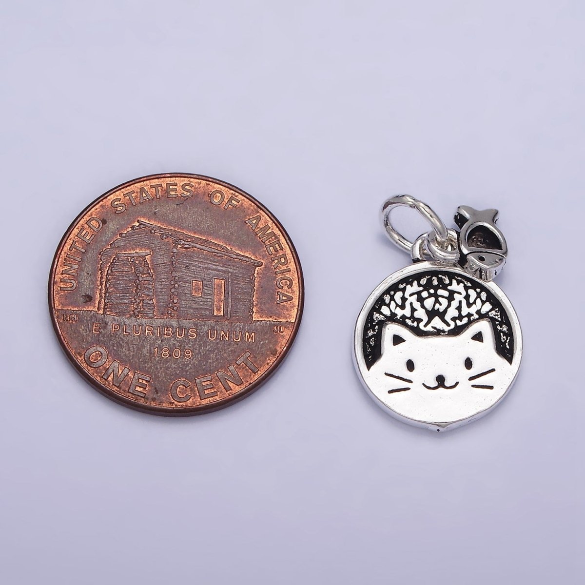 Sterling Silver S925 Pet Kitty Cat Round Textured Mini Fish Drop Double Charm | SL-268