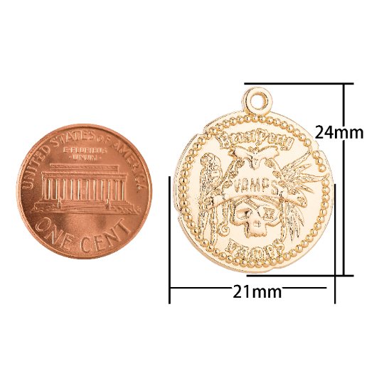 14K Gold Filled Vampire Pirate Round Coin Charm | C025