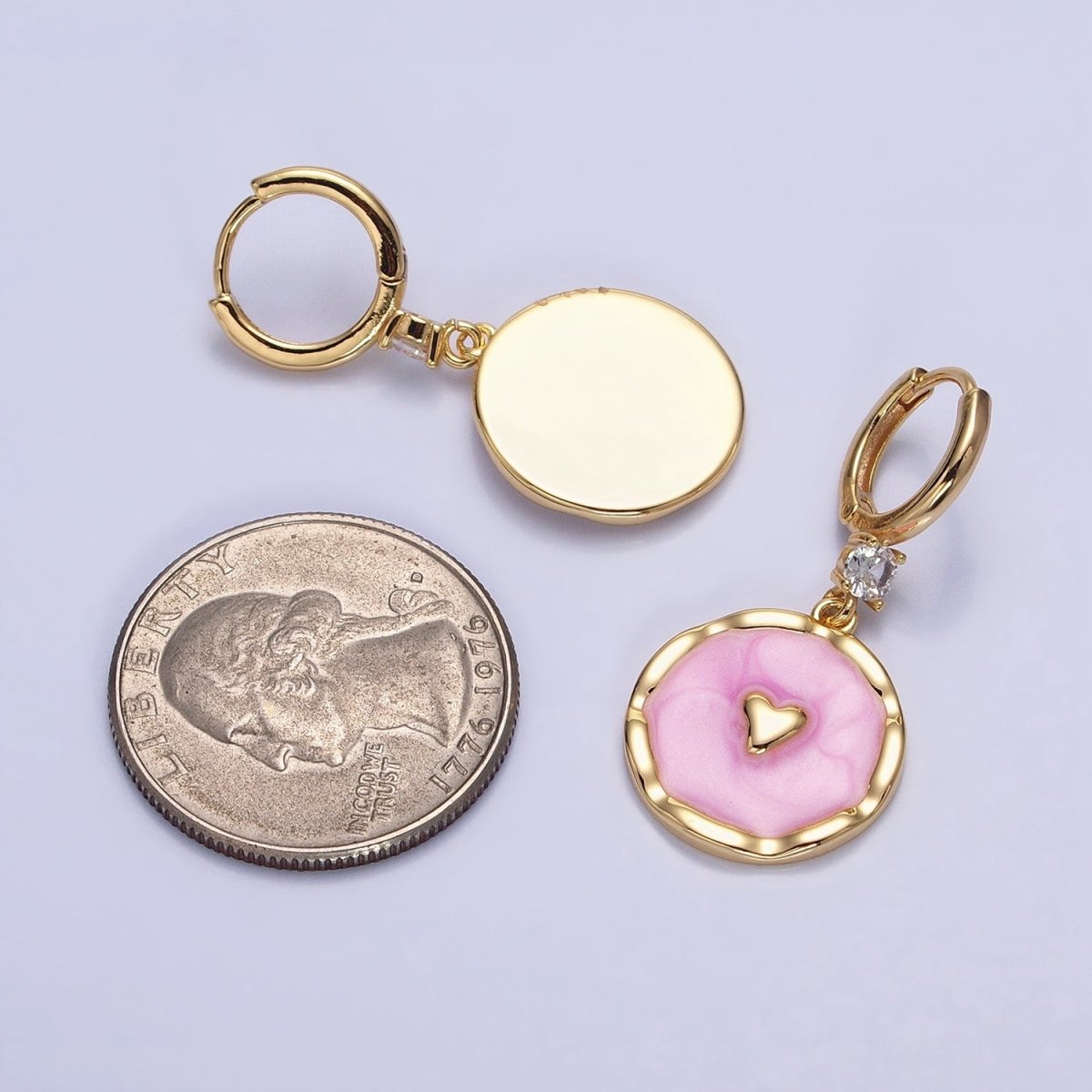 White, Blue, Pink Sparkly Enamel Heart Round CZ Drop Gold Huggie Earrings | AD794 - AD796