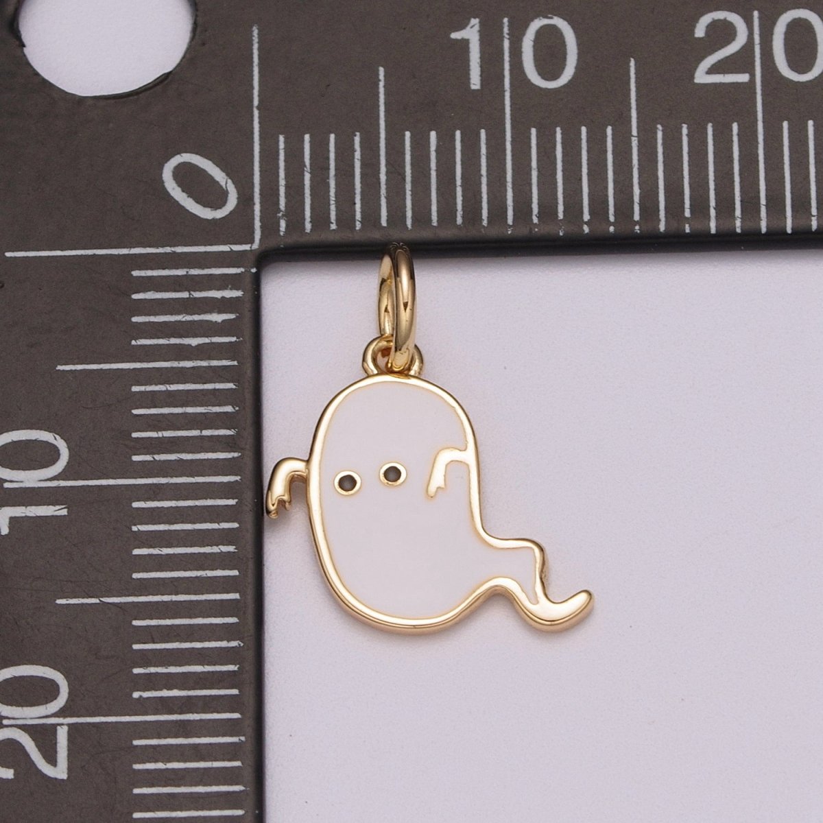 White Ghost Charm, Gold Enamel Cute Scary Haunted Halloween Pendant Jewelry Inspired M-857