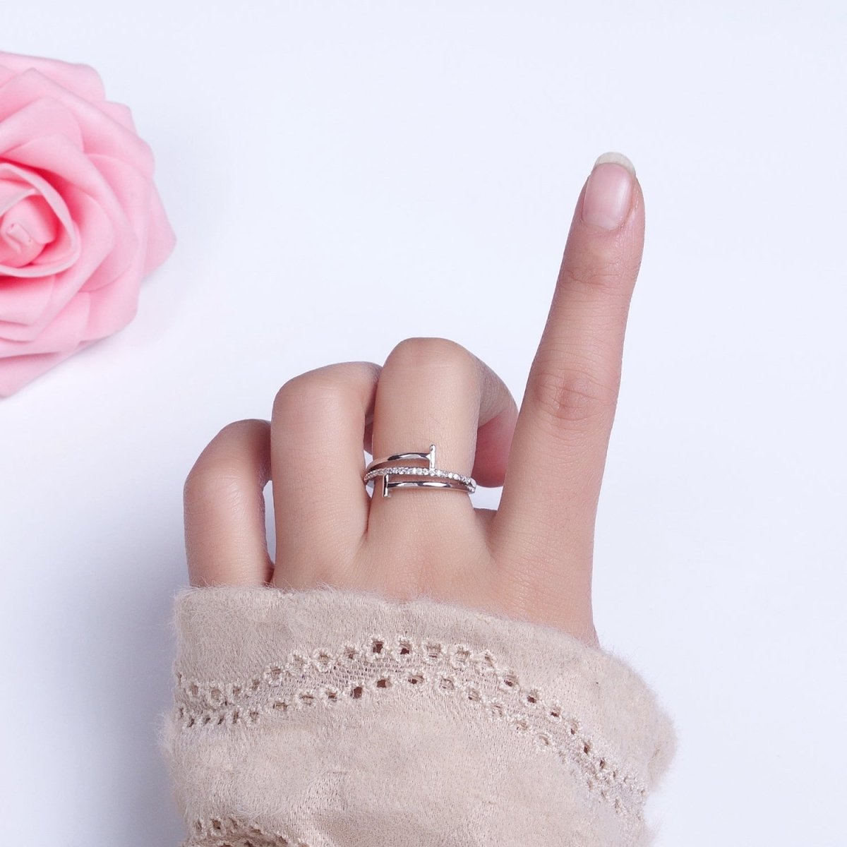 White Gold Filled Micro Paved Geometric Double T-Nail Heart End Adjustable Silver Ring | O-002