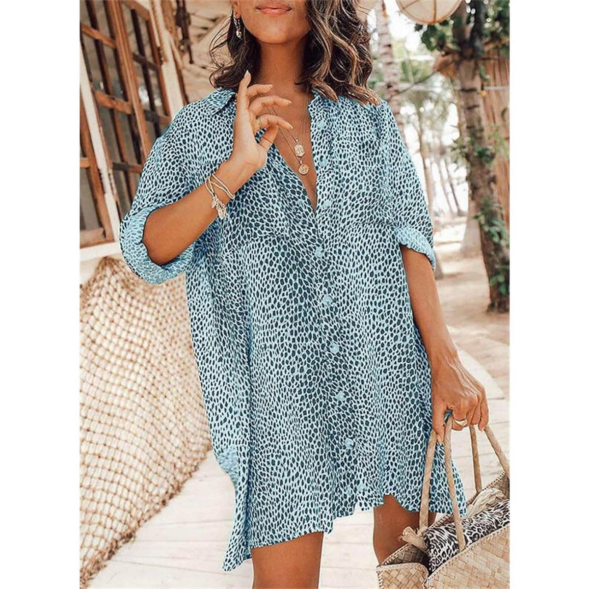 Women's Casual Leopard Print Shirt Dress